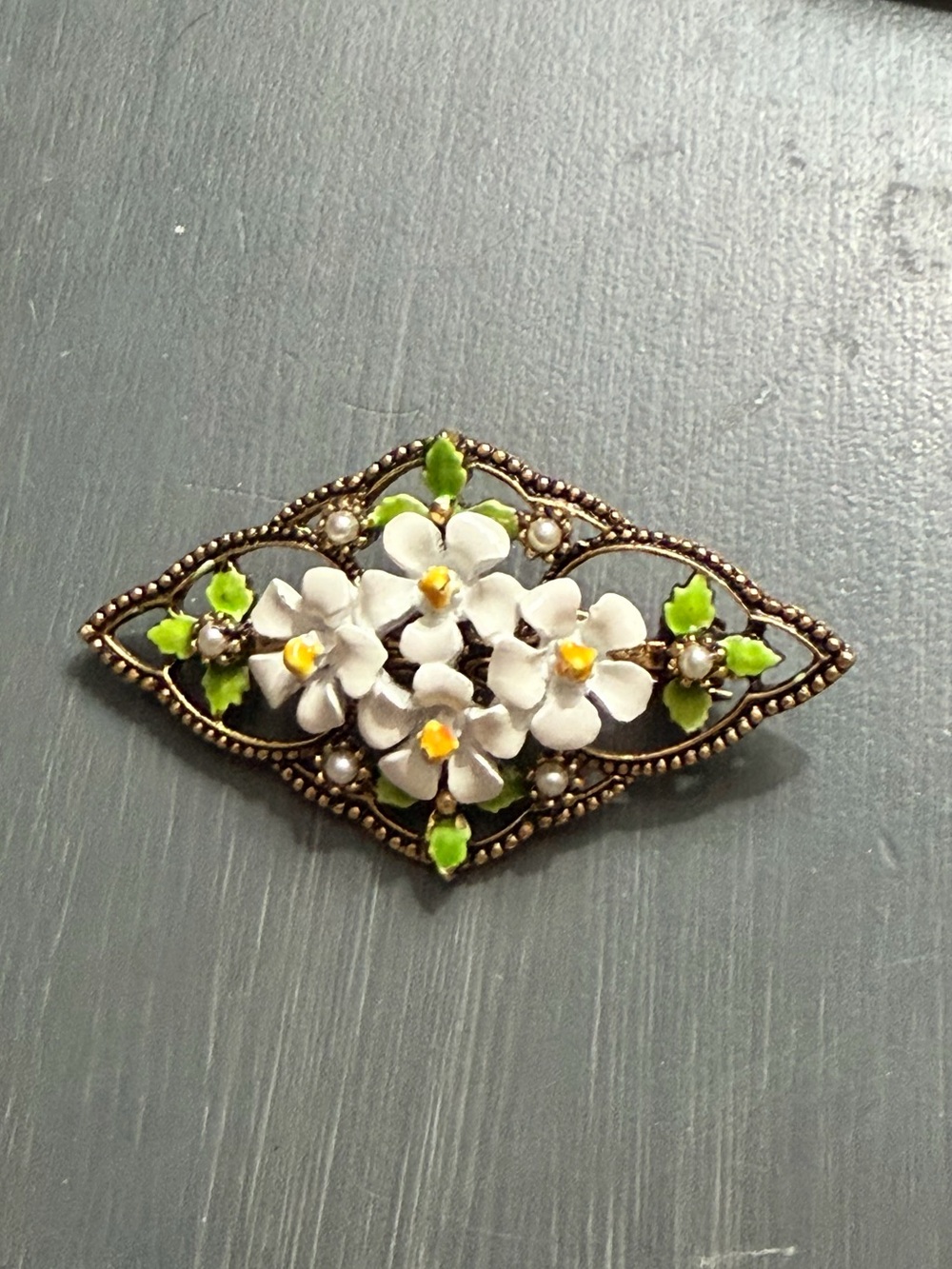 Vintage-White Floral Enamel Brooch by ART
